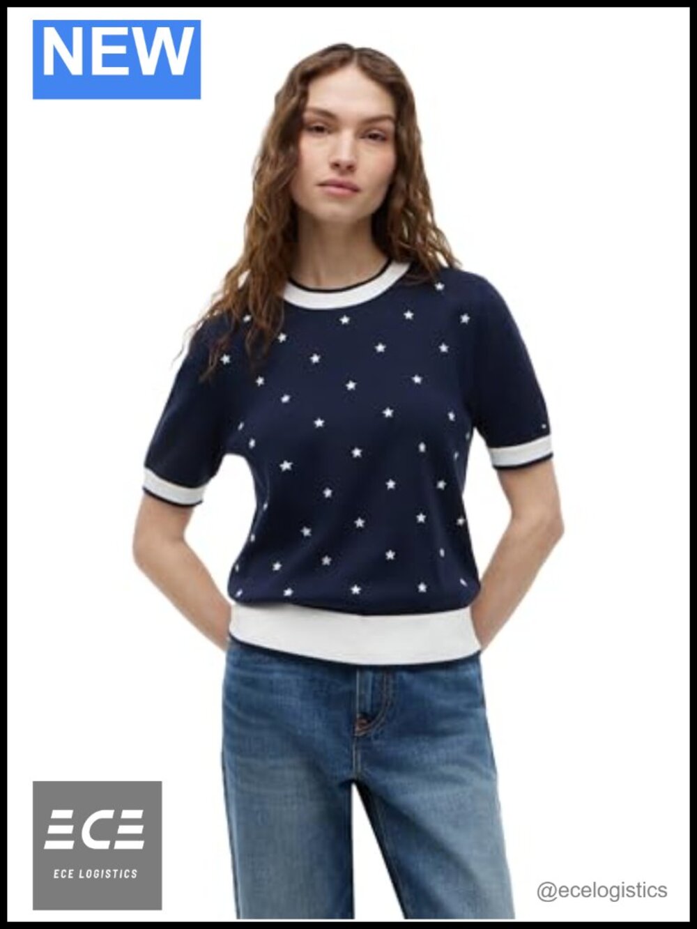 Short Sleeve Cotton Crew Neck Pullover Sweater Embroidered Star Design